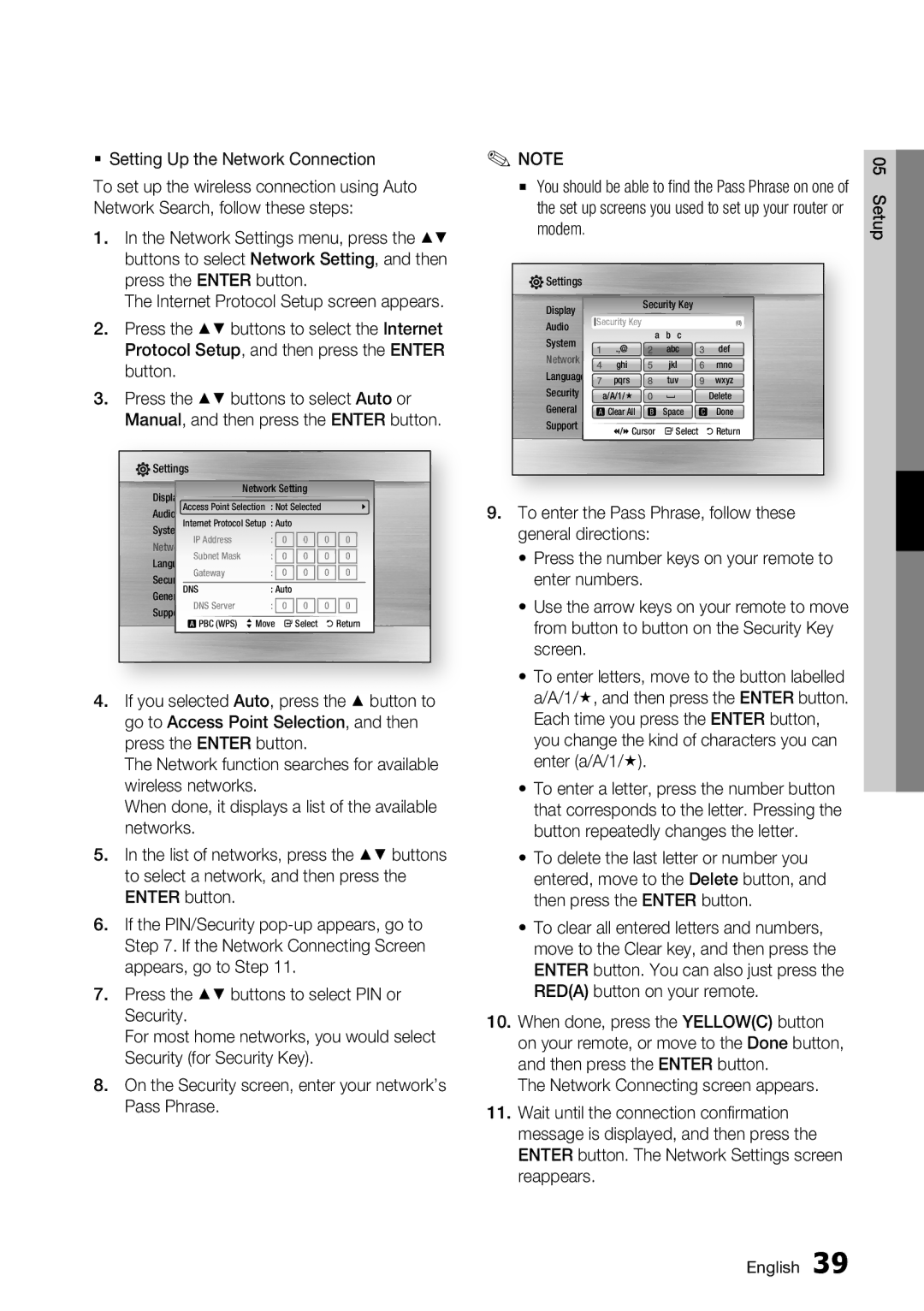 Samsung BD-C5900/EDC, BD-C5900/XEF, BD-C5900/XEE  Setting Up the Network Connection, Press the buttons to select Auto or 