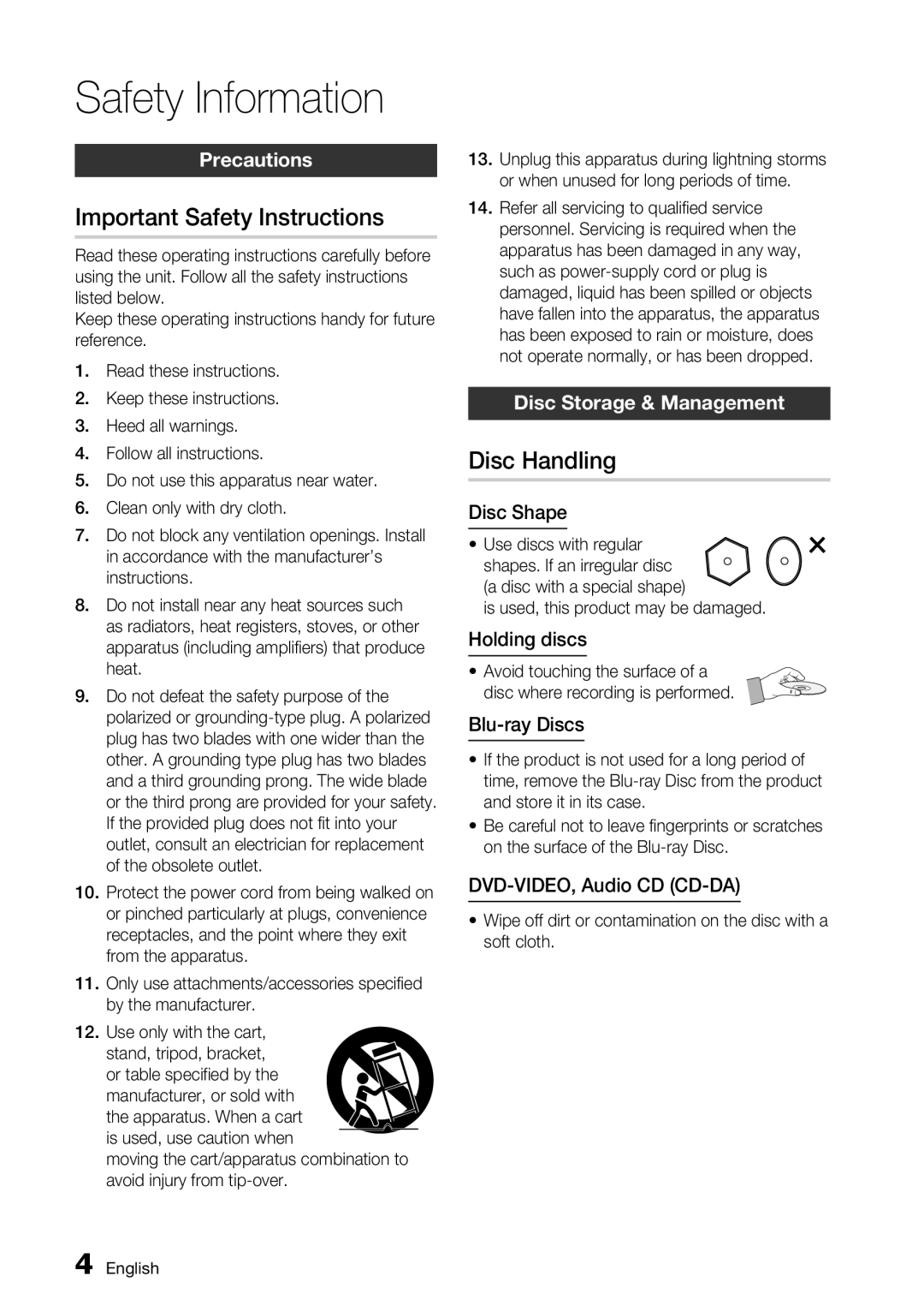 Samsung BD-C5900/XEF, BD-C5900/EDC Important Safety Instructions, Disc Handling, Precautions, Disc Storage & Management 