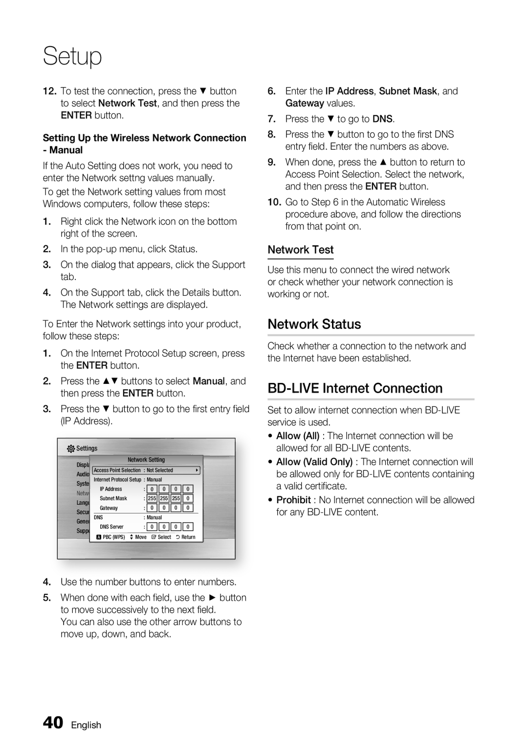 Samsung BD-C5900/XEF Network Status, BD-LIVE Internet Connection, Network Test, Use the number buttons to enter numbers 