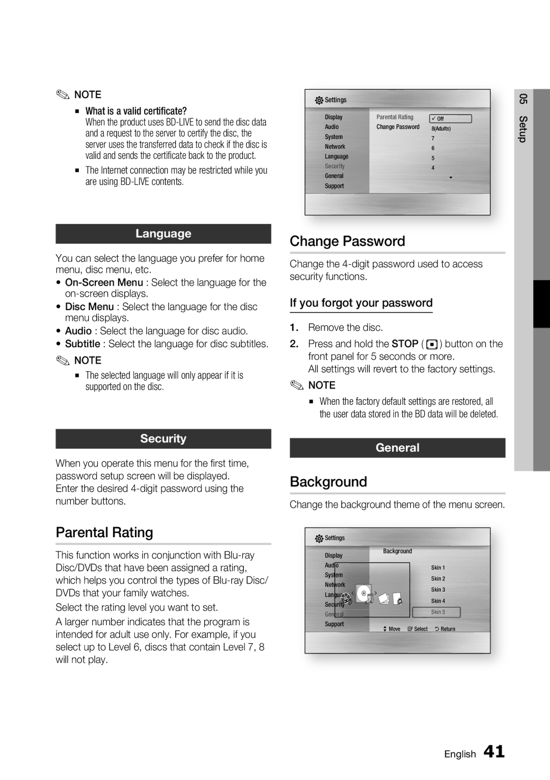 Samsung BD-C5900/XEE, BD-C5900/EDC, BD-C5900/XEF manual Change Password, Background, Parental Rating 