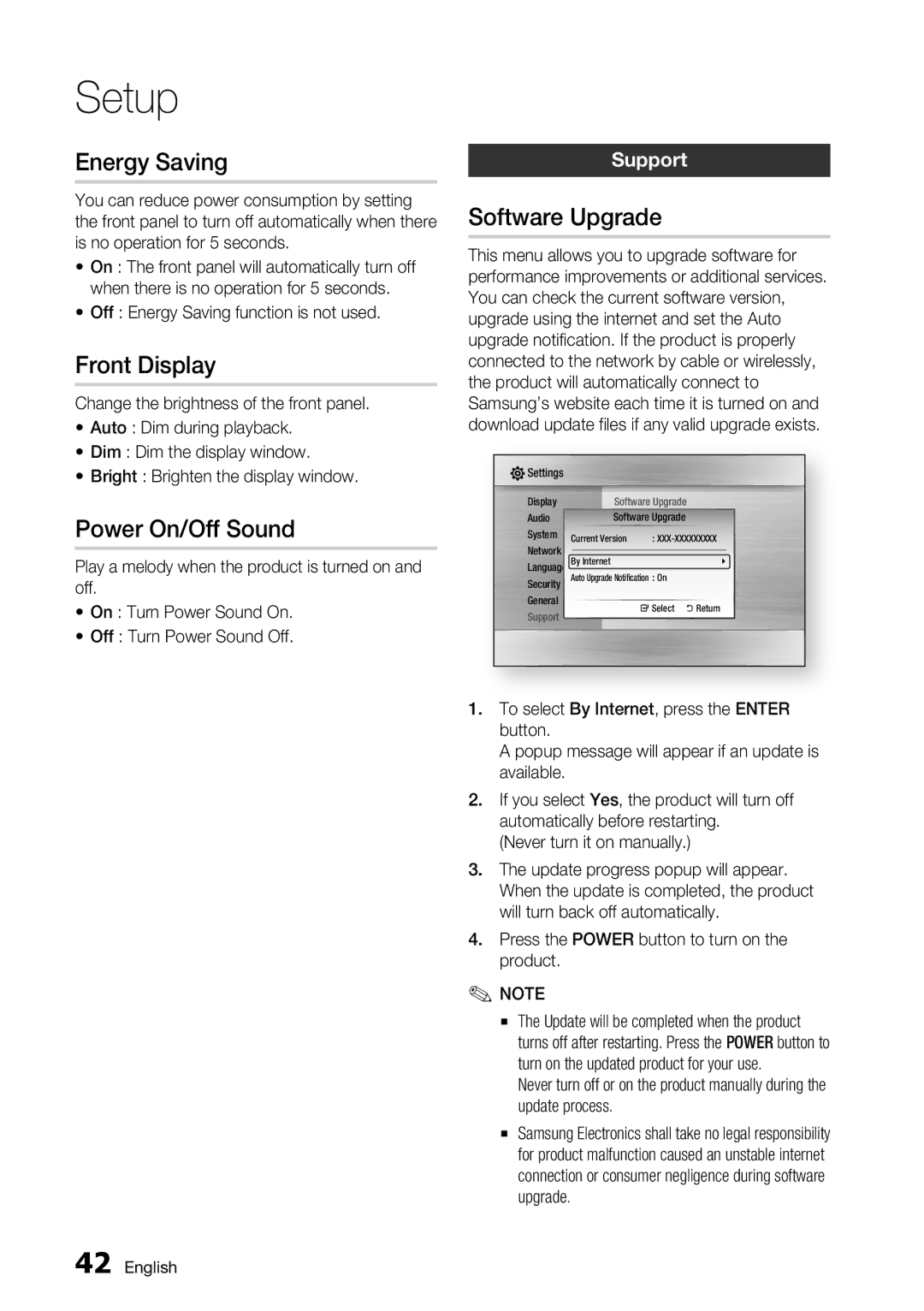 Samsung BD-C5900/EDC, BD-C5900/XEF manual Energy Saving, Front Display, Power On/Off Sound, Software Upgrade, Support 