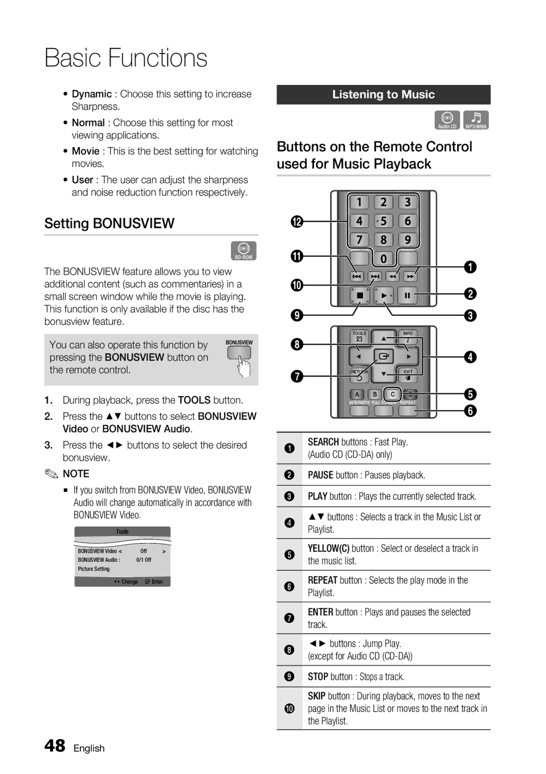 Samsung BD-C5900/EDC manual Setting Bonusview, Buttons on the Remote Control used for Music Playback, Listening to Music 