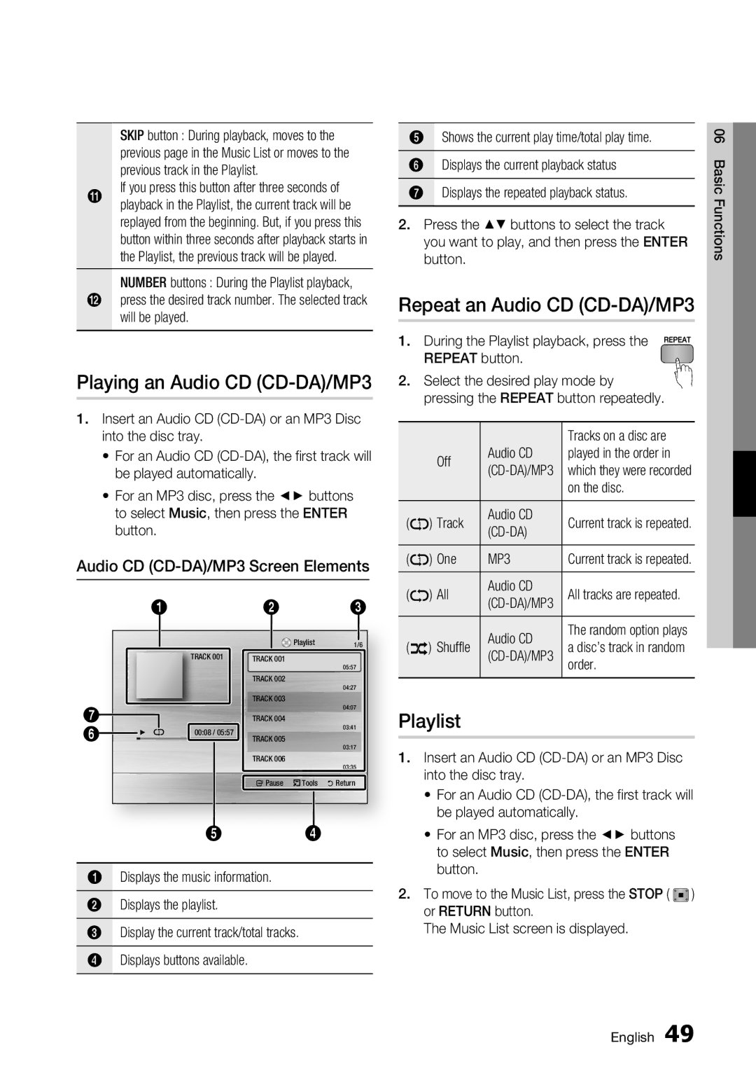 Samsung BD-C5900/XEF, BD-C5900/EDC, BD-C5900/XEE manual Playing an Audio CD CD-DA/MP3, Repeat an Audio CD CD-DA/MP3, Playlist 