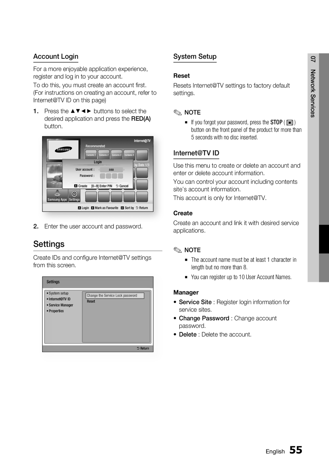 Samsung BD-C5900/XEF, BD-C5900/EDC, BD-C5900/XEE manual Settings, Account Login, System Setup, Internet@TV ID 