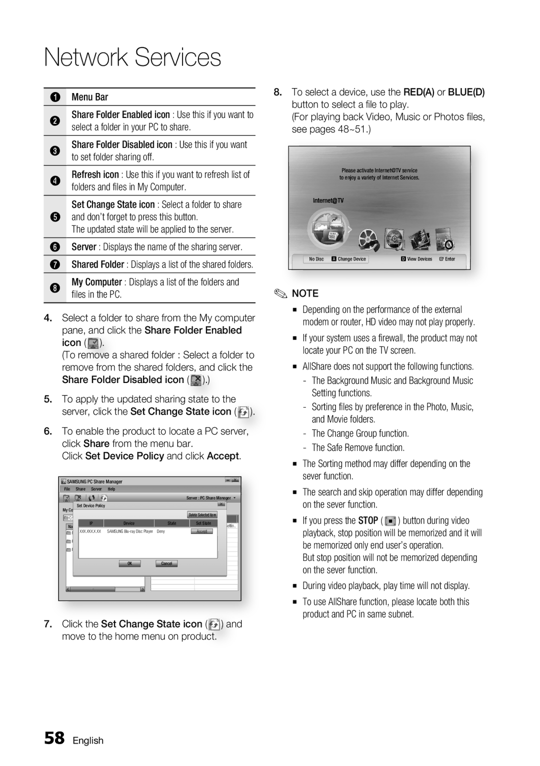 Samsung BD-C5900/XEF, BD-C5900/EDC, BD-C5900/XEE Menu Bar, Select a folder in your PC to share, To set folder sharing off 