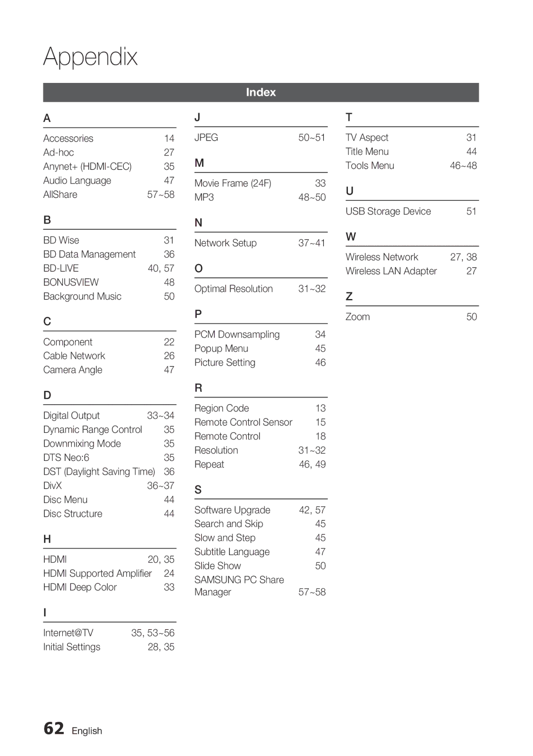 Samsung BD-C5900/XEE, BD-C5900/EDC, BD-C5900/XEF manual Index 