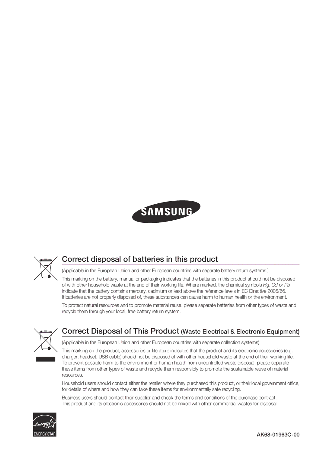 Samsung BD-C5900/EDC, BD-C5900/XEF, BD-C5900/XEE manual Correct disposal of batteries in this product 