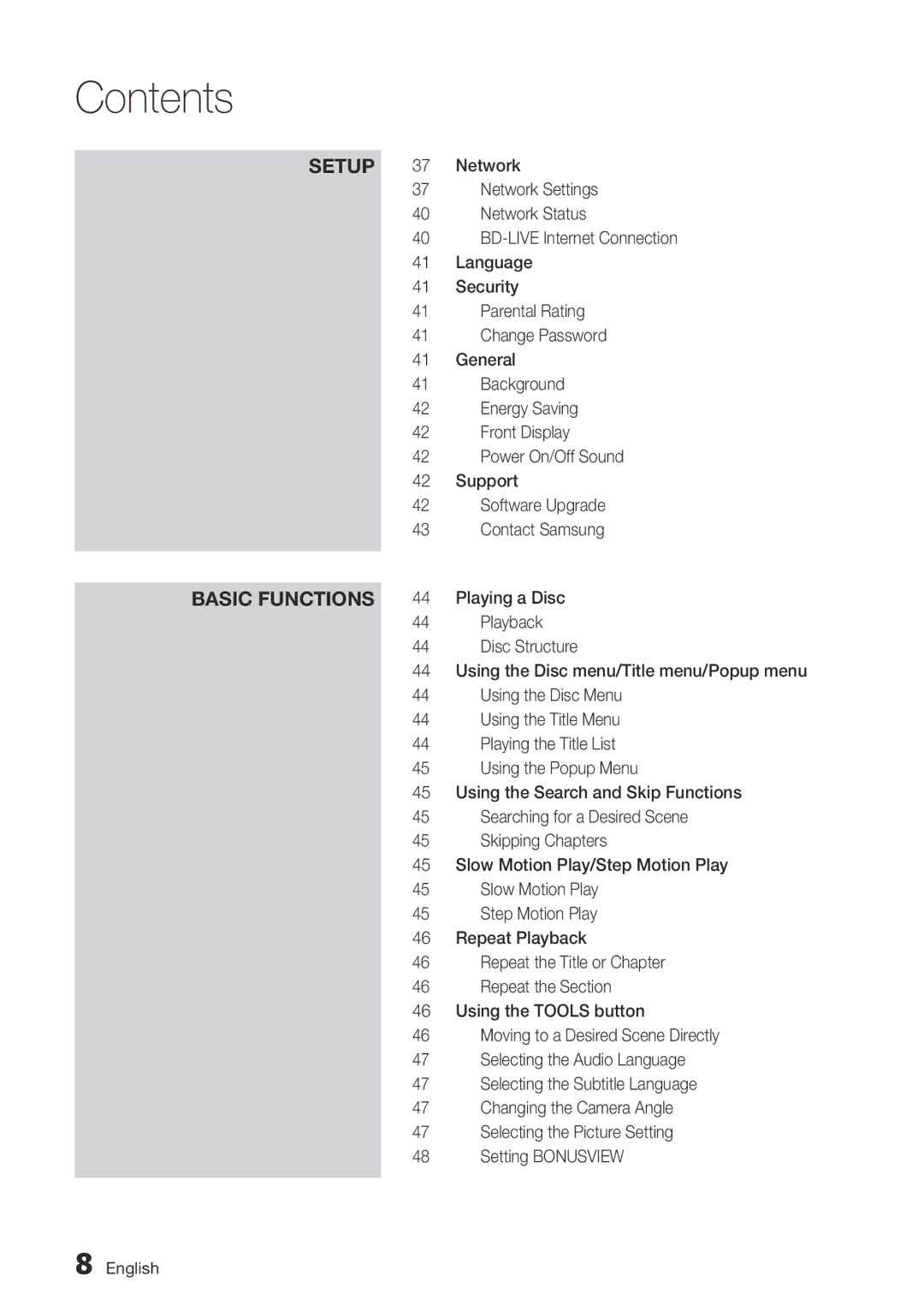 Samsung BD-C5900/XEE manual Network Settings, Network Status, BD-LIVE Internet Connection, Language, Security, General 