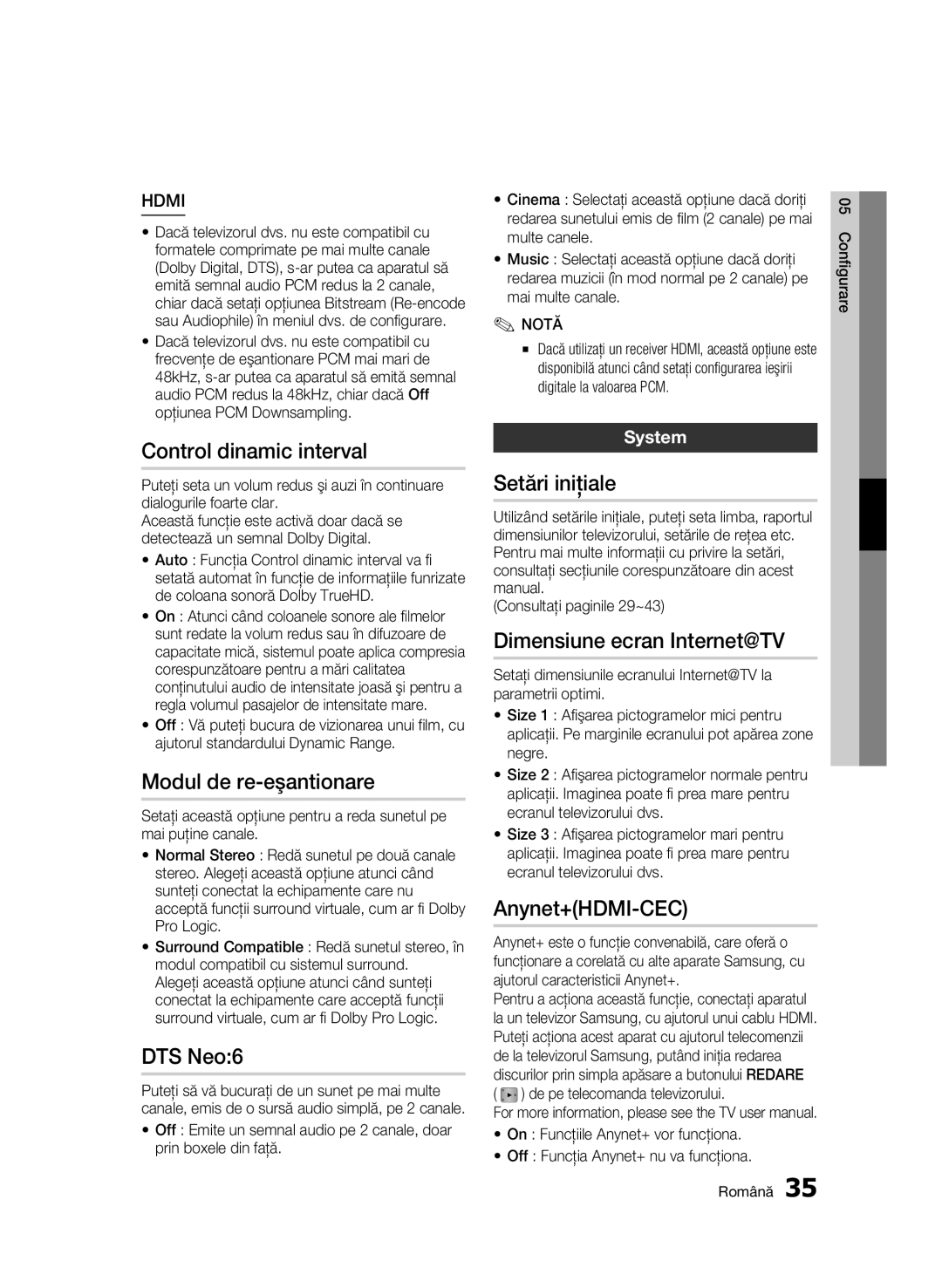 Samsung BD-C5900/EDC Control dinamic interval, Modul de re-eşantionare, Setări iniţiale, Dimensiune ecran Internet@TV 