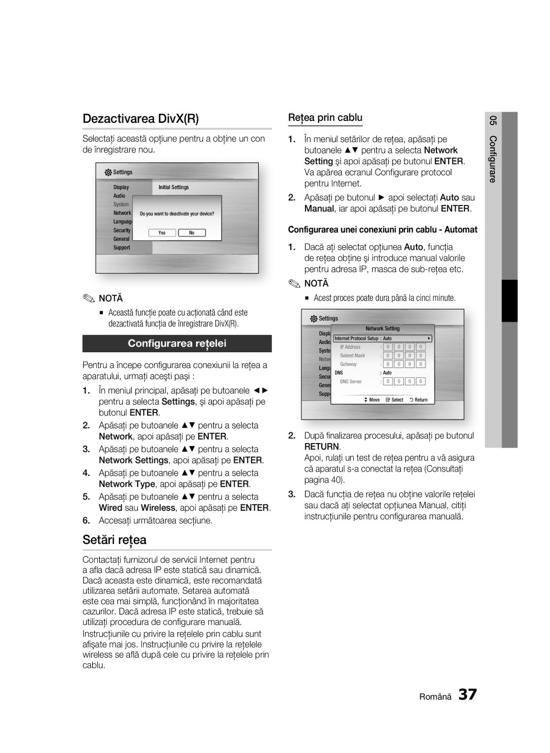 Samsung BD-C5900/EDC manual Dezactivarea DivXR, Setări reţea, Configurarea reţelei, Reţea prin cablu, Return 