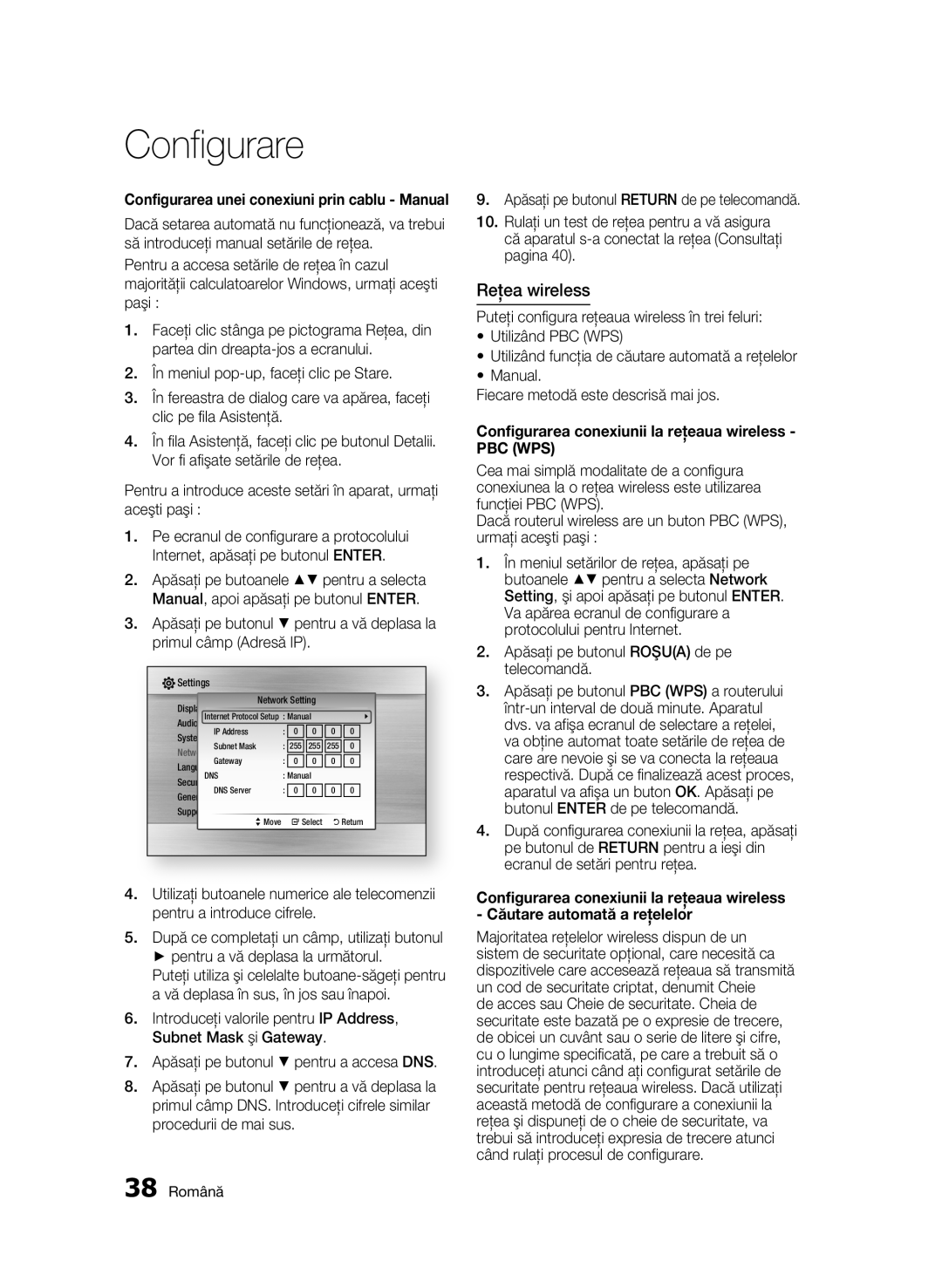 Samsung BD-C5900/EDC manual Reţea wireless, Configurarea conexiunii la reţeaua wireless PBC WPS, 38 Română 