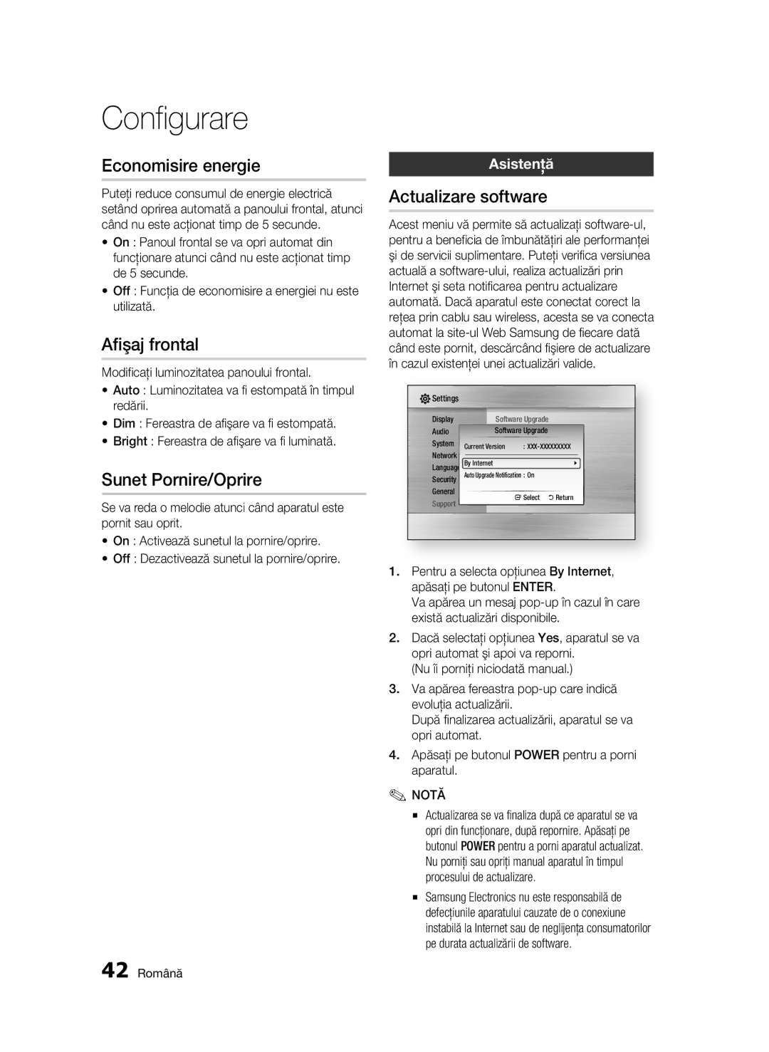 Samsung BD-C5900/EDC manual Economisire energie, Afişaj frontal, Sunet Pornire/Oprire, Actualizare software, Asistenţă 