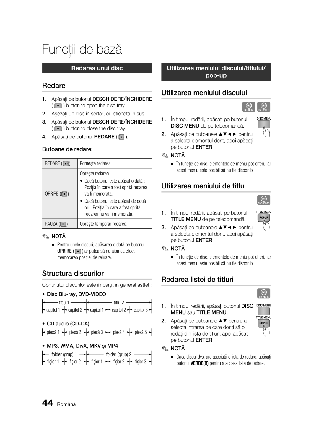 Samsung BD-C5900/EDC manual Funcţii de bază 