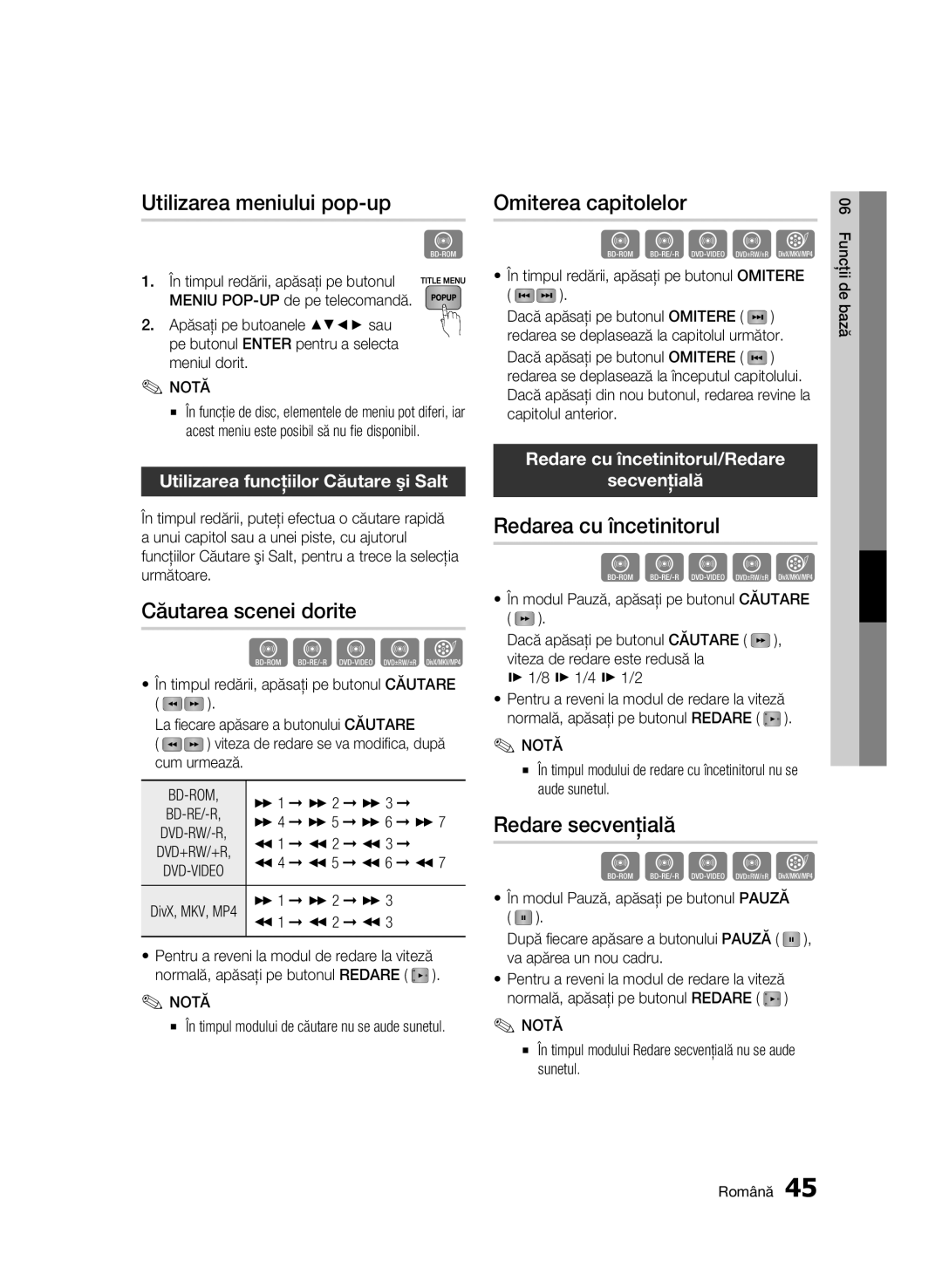 Samsung BD-C5900/EDC Utilizarea meniului pop-up, Căutarea scenei dorite, Omiterea capitolelor, Redarea cu încetinitorul 