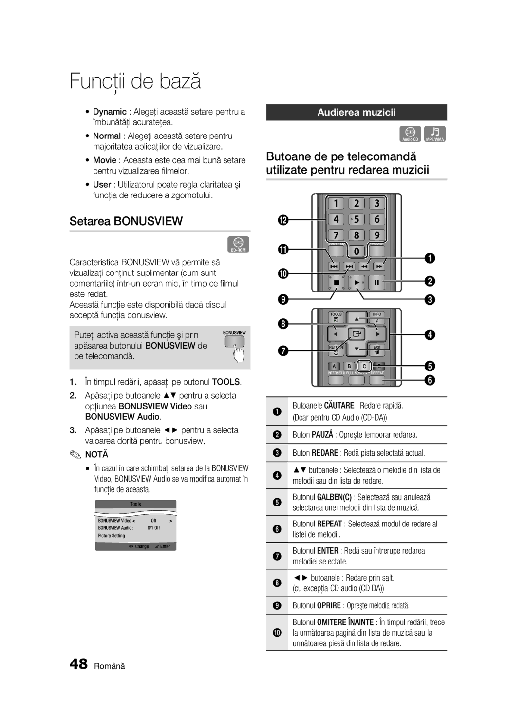 Samsung BD-C5900/EDC manual Setarea Bonusview, Butoane de pe telecomandă utilizate pentru redarea muzicii, Audierea muzicii 