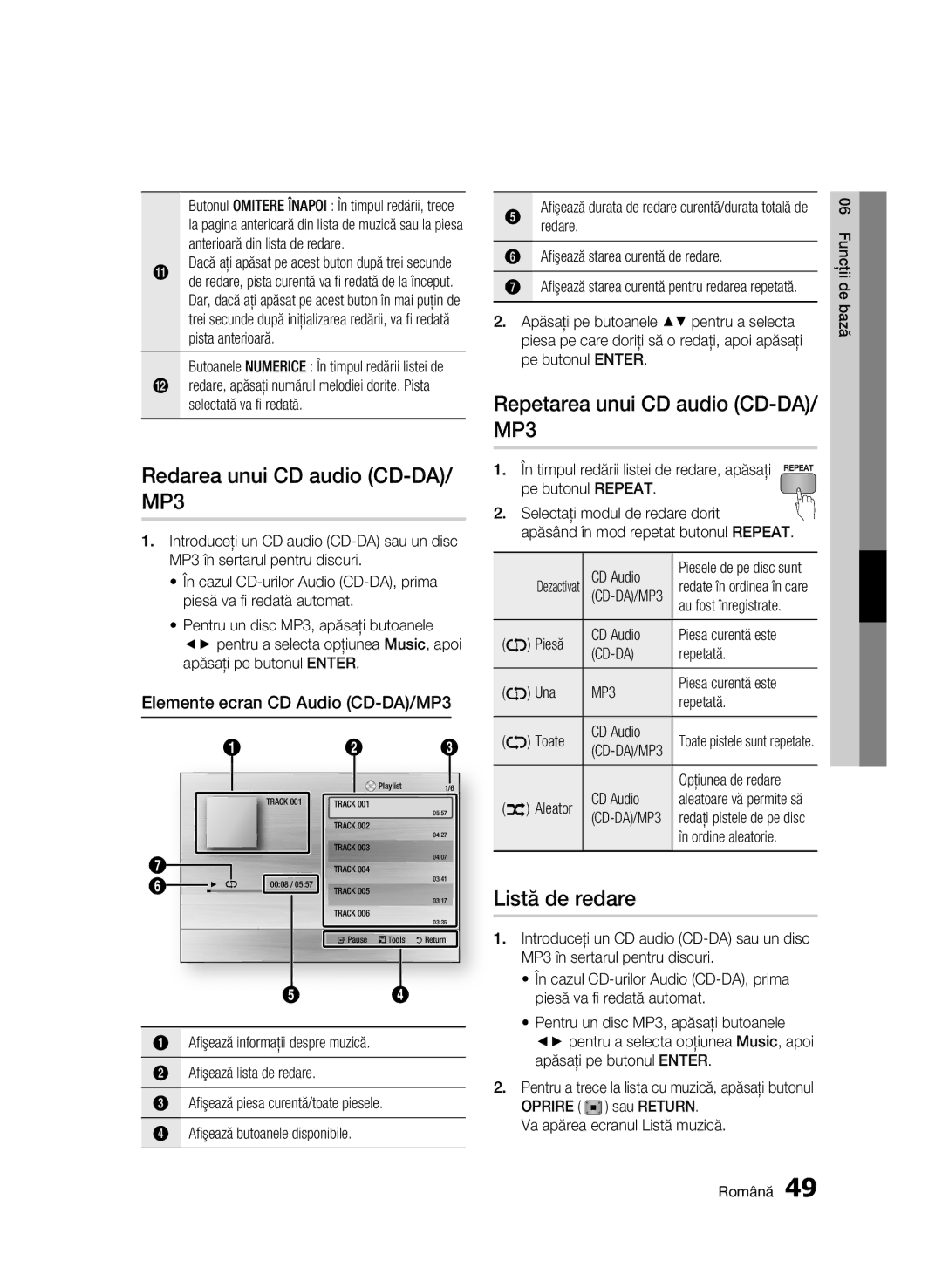 Samsung BD-C5900/EDC manual Redarea unui CD audio CD-DA/ MP3, Repetarea unui CD audio CD-DA/ MP3, Listă de redare 