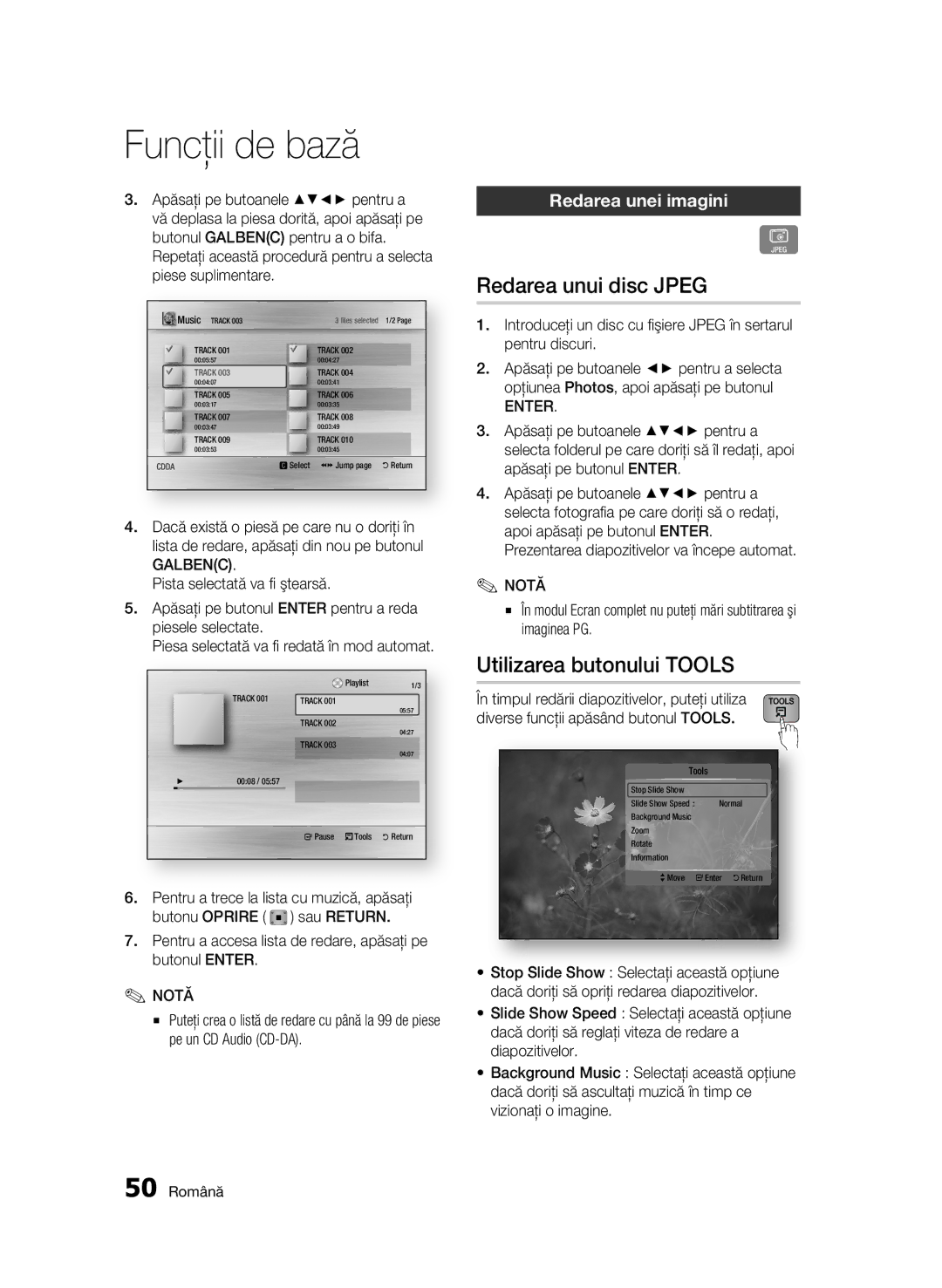 Samsung BD-C5900/EDC manual Redarea unui disc Jpeg, Utilizarea butonului Tools, Redarea unei imagini, 50 Română 