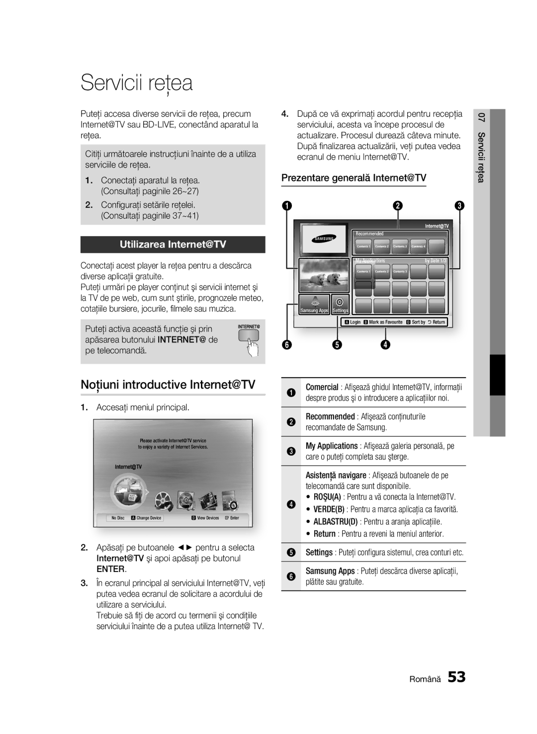 Samsung BD-C5900/EDC manual Servicii reţea, Noţiuni introductive Internet@TV, Utilizarea Internet@TV 