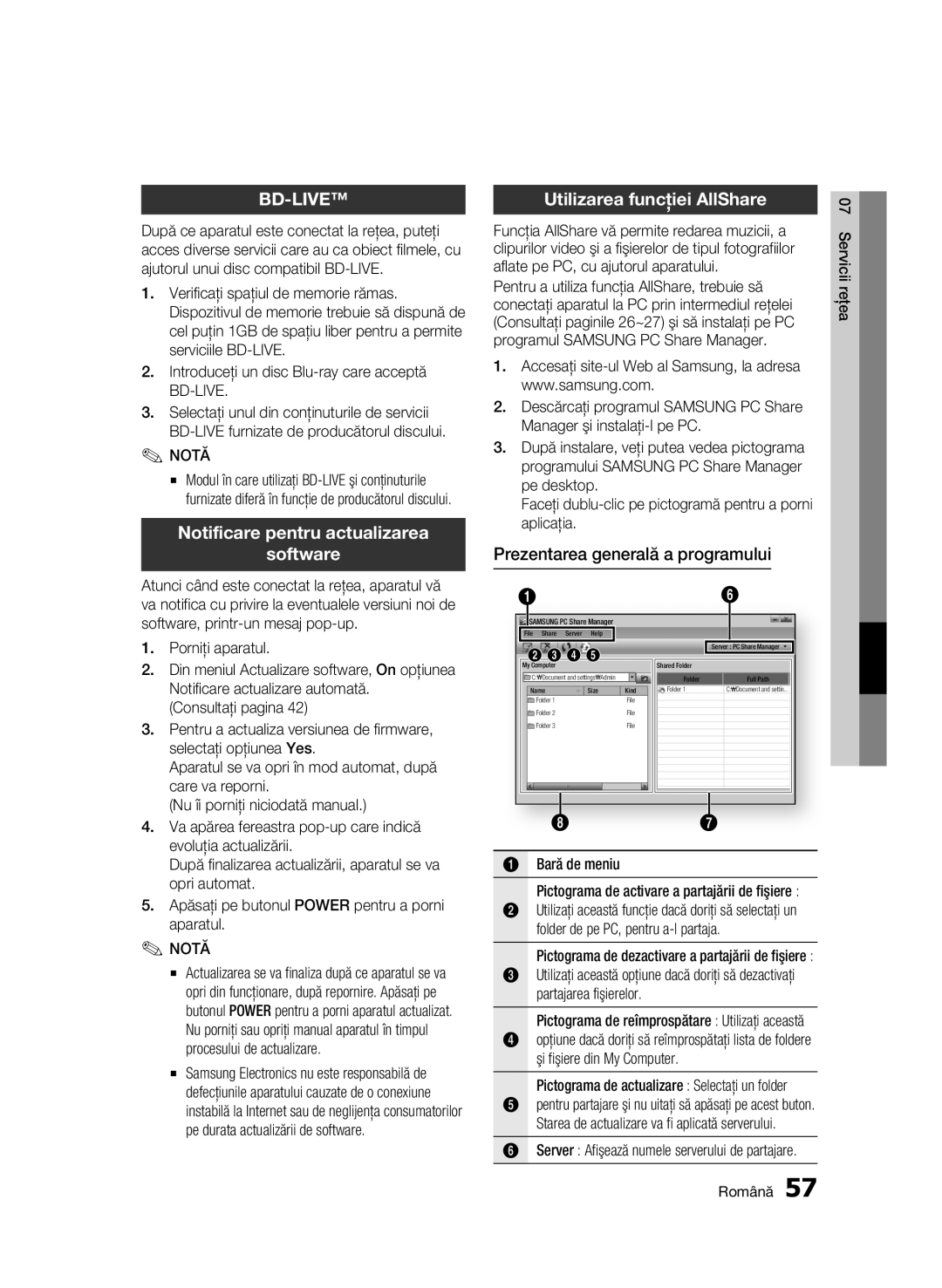 Samsung BD-C5900/EDC manual Notificare pentru actualizarea Software, Utilizarea funcţiei AllShare, Porniţi aparatul 