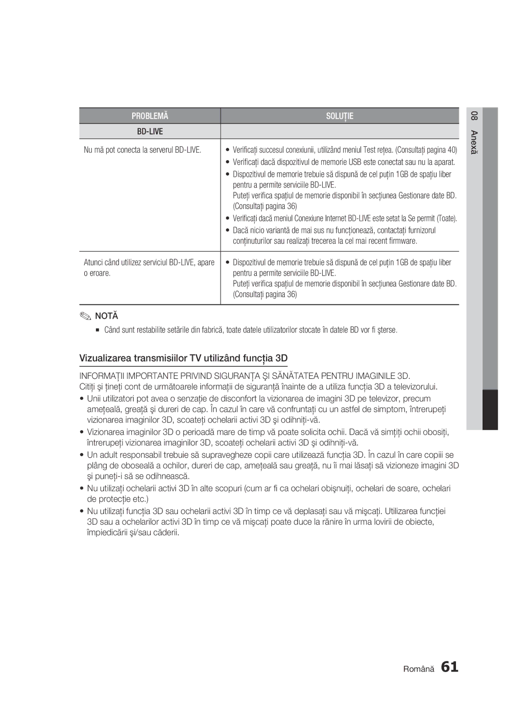 Samsung BD-C5900/EDC manual Vizualizarea transmisiilor TV utilizând funcţia 3D, Eroare Pentru a permite serviciile BD-LIVE 