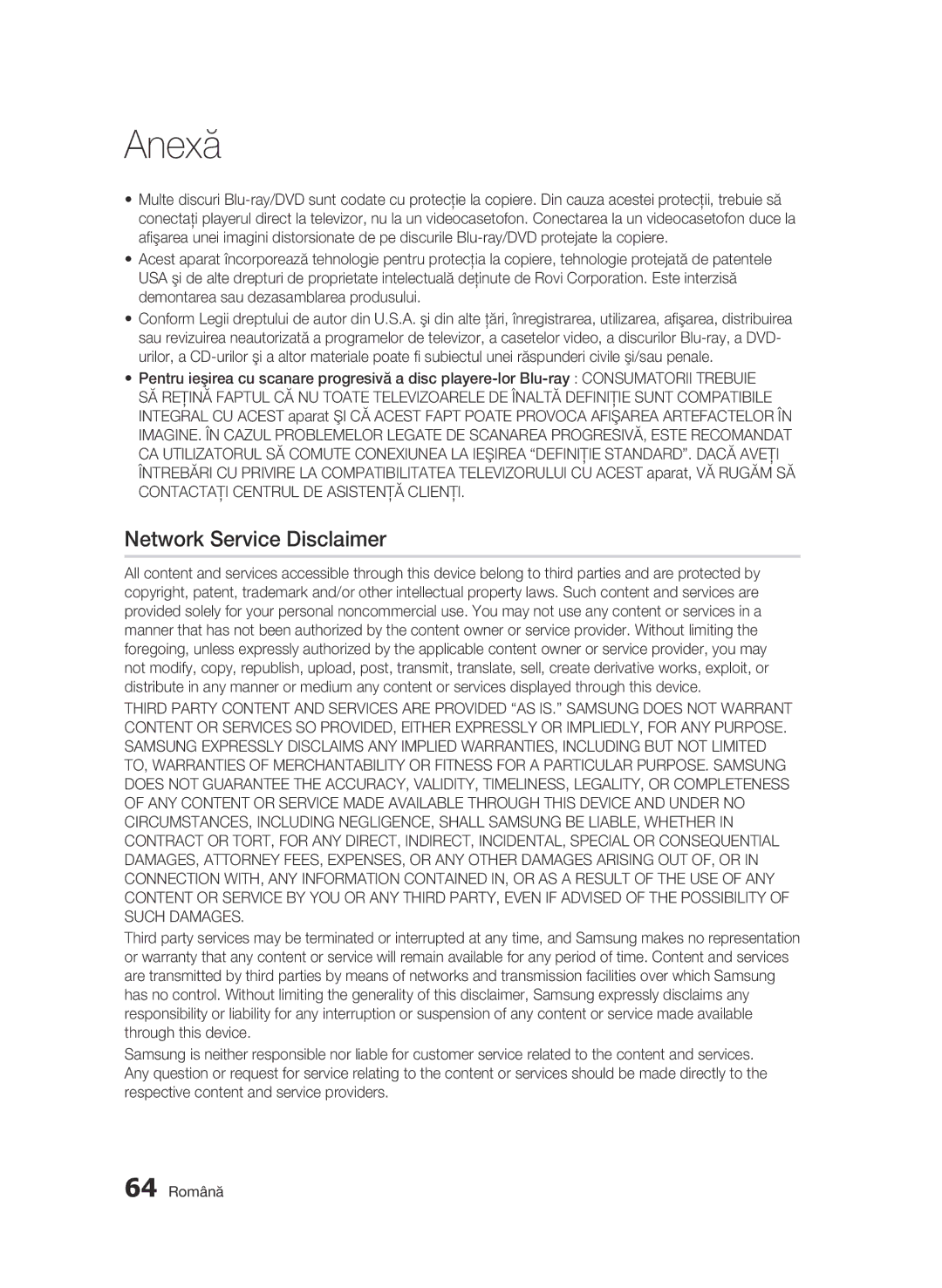 Samsung BD-C5900/EDC manual Network Service Disclaimer, 64 Română 