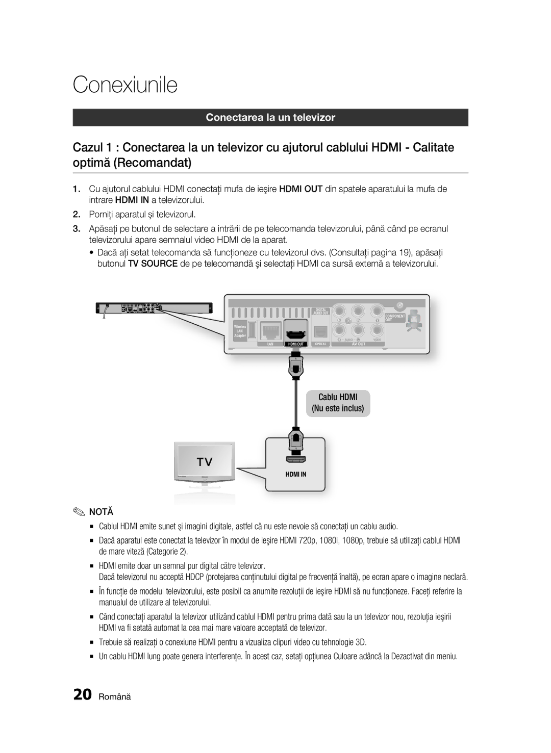 Samsung BD-C5900/EDC manual Conexiunile, Conectarea la un televizor, Cablu Hdmi Nu este inclus, 20 Română 