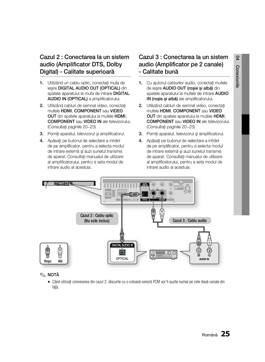 Samsung BD-C5900/EDC manual Cazul 2 Cablu optic Nu este inclus, Cazul 3 Cablu audio 