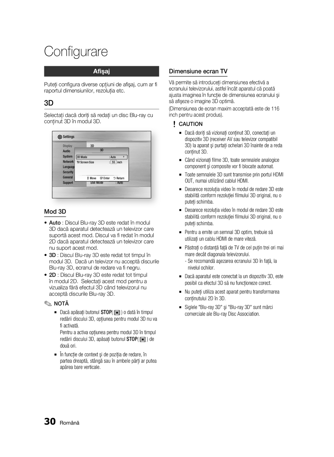 Samsung BD-C5900/EDC manual Afişaj, Mod 3D, Dimensiune ecran TV, Fi activată, Două ori 