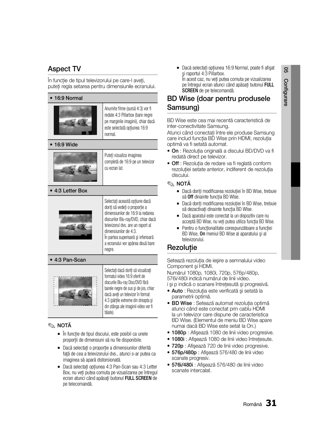 Samsung BD-C5900/EDC manual Aspect TV, BD Wise doar pentru produsele Samsung, Rezoluţie 