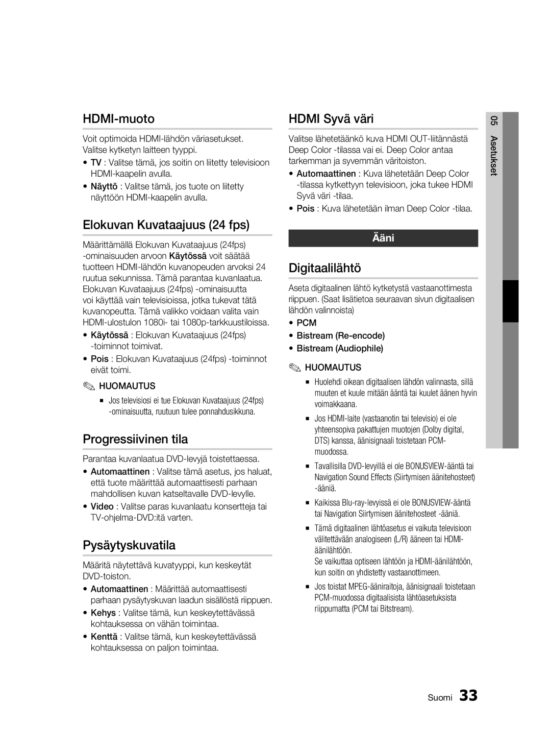 Samsung BD-C5900/XEE manual HDMI-muoto, Elokuvan Kuvataajuus 24 fps, Progressiivinen tila, Pysäytyskuvatila, Hdmi Syvä väri 