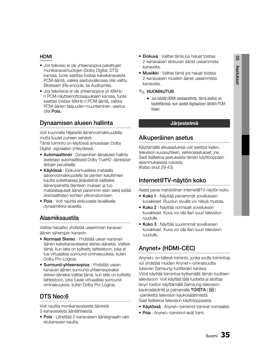 Samsung BD-C5900/XEE manual Dynaamisen alueen hallinta, Alasmiksaustila, Alkuperäinen asetus, Internet@TV-näytön koko 