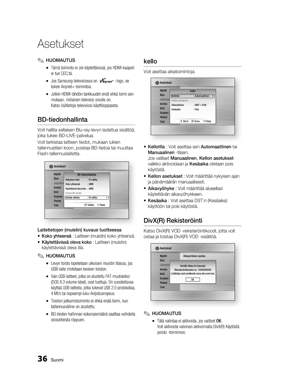 Samsung BD-C5900/XEE manual BD-tiedonhallinta, Kello, DivXR Rekisteröinti 