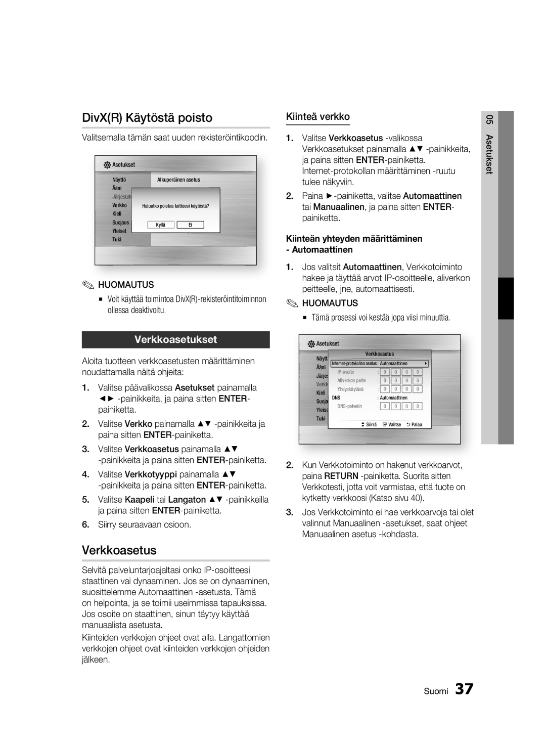 Samsung BD-C5900/XEE manual DivXR Käytöstä poisto, Verkkoasetus, Verkkoasetukset, Kiinteä verkko 