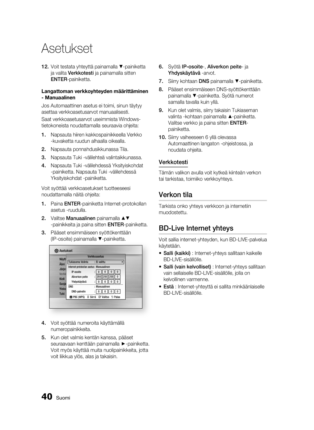 Samsung BD-C5900/XEE manual Verkon tila, BD-Live Internet yhteys, Verkkotesti 