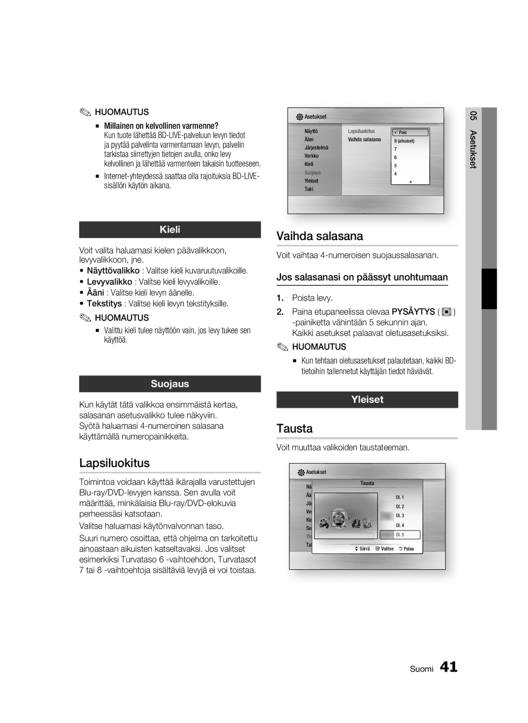 Samsung BD-C5900/XEE manual Lapsiluokitus, Vaihda salasana, Tausta 