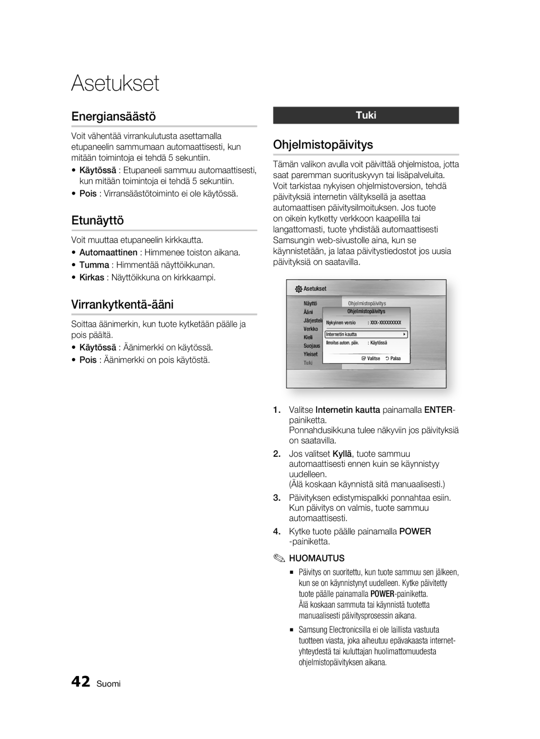 Samsung BD-C5900/XEE manual Energiansäästö, Etunäyttö, Virrankytkentä-ääni, Ohjelmistopäivitys, Tuki 