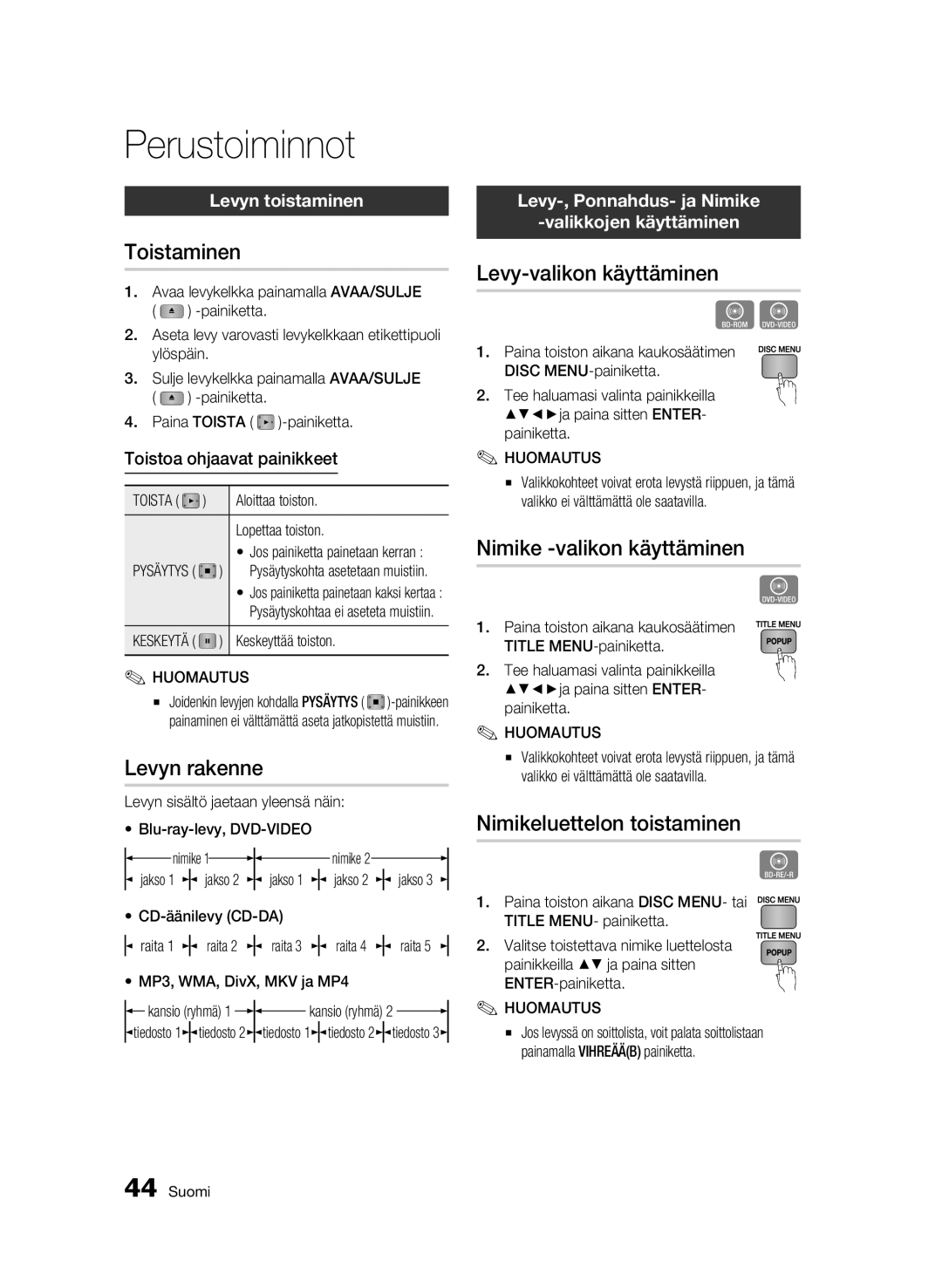 Samsung BD-C5900/XEE manual Perustoiminnot 