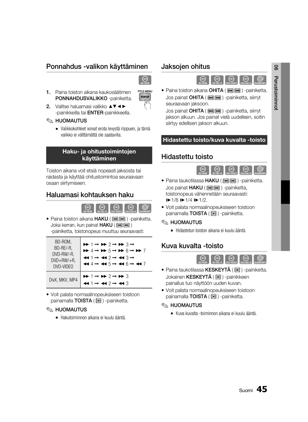 Samsung BD-C5900/XEE manual Ponnahdus -valikon käyttäminen, Haluamasi kohtauksen haku, Jaksojen ohitus, Hidastettu toisto 