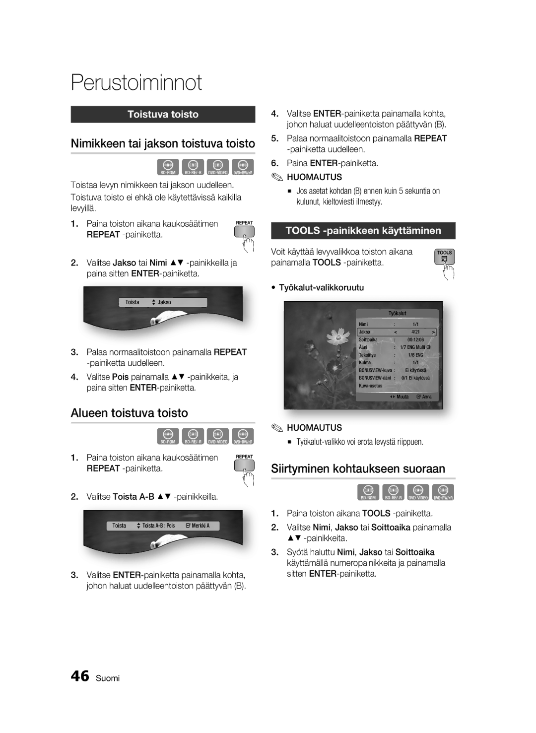 Samsung BD-C5900/XEE manual Nimikkeen tai jakson toistuva toisto, Alueen toistuva toisto, Siirtyminen kohtaukseen suoraan 