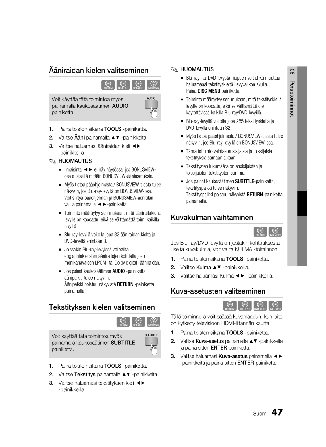 Samsung BD-C5900/XEE manual Ääniraidan kielen valitseminen, Tekstityksen kielen valitseminen, Kuvakulman vaihtaminen 