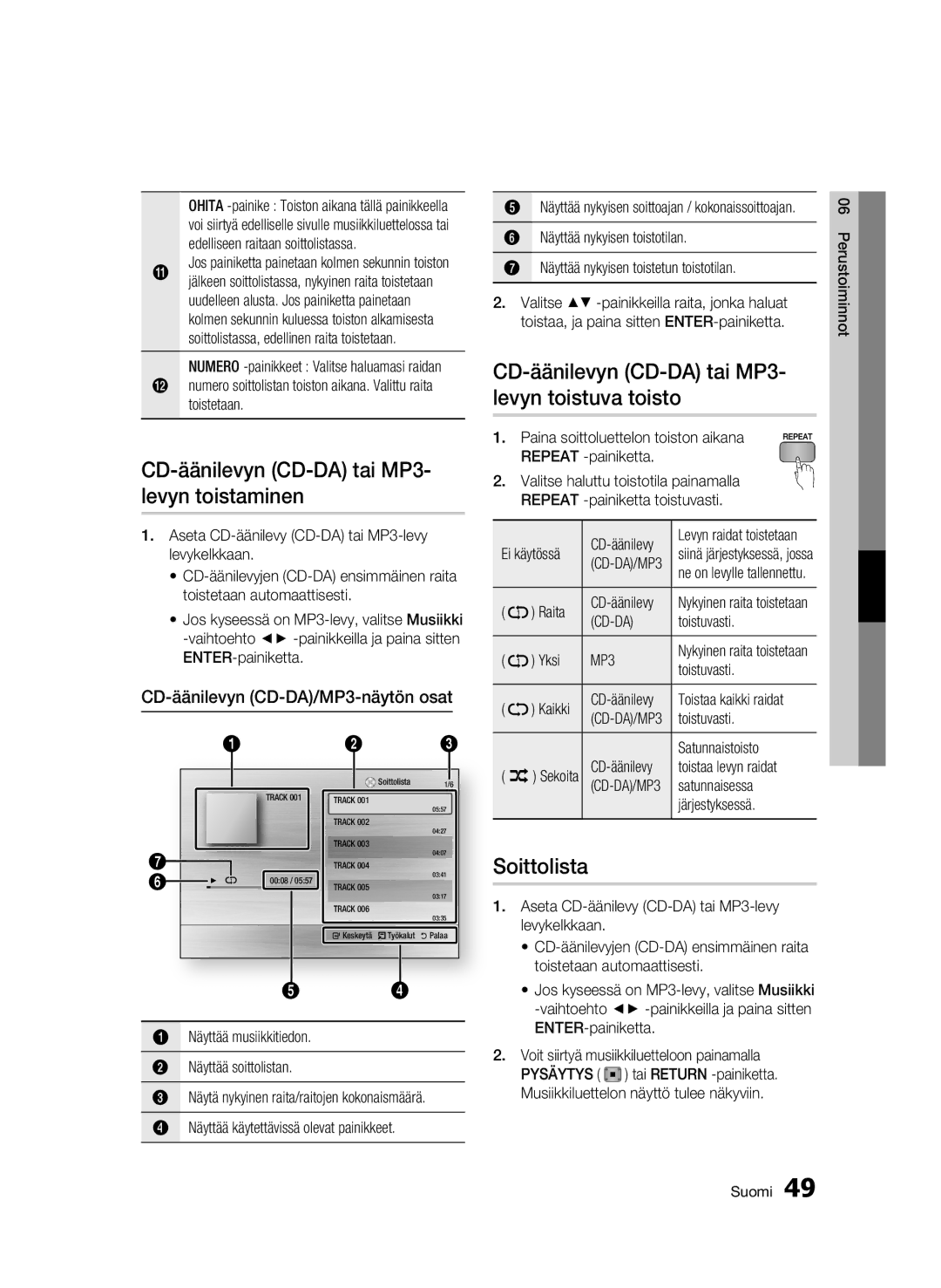 Samsung BD-C5900/XEE CD-äänilevyn CD-DA tai MP3- levyn toistaminen, CD-äänilevyn CD-DA tai MP3- levyn toistuva toisto 