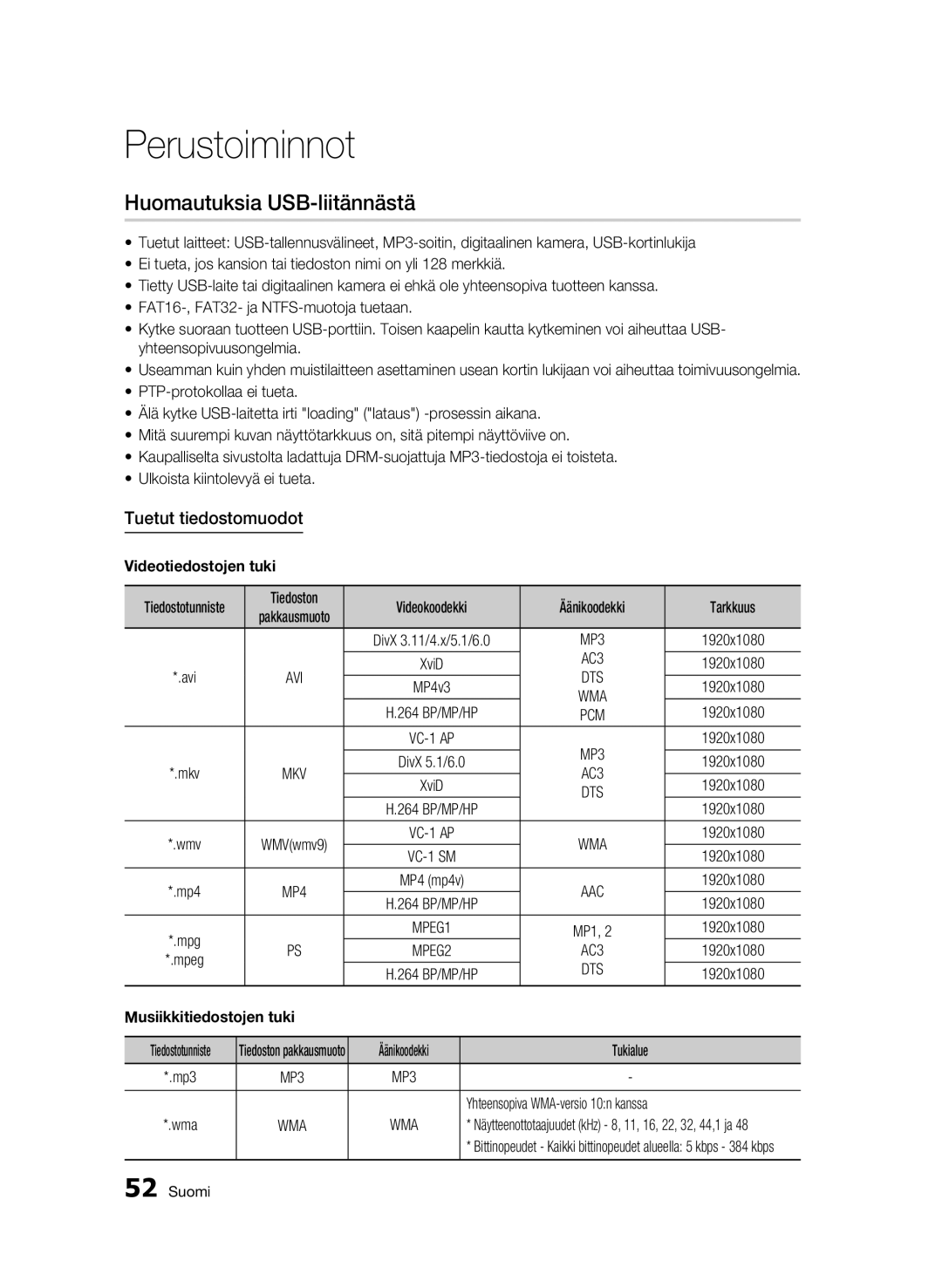 Samsung BD-C5900/XEE manual Huomautuksia USB-liitännästä, Tuetut tiedostomuodot, Videotiedostojen tuki, AC3 