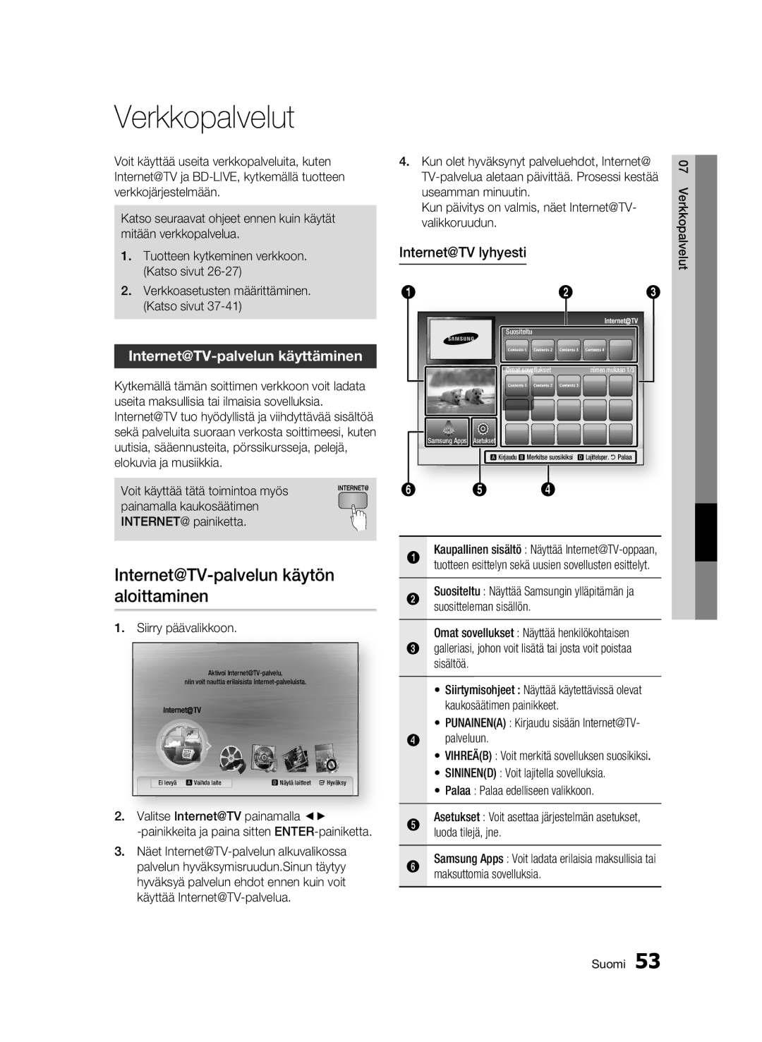 Samsung BD-C5900/XEE manual Verkkopalvelut, Internet@TV-palvelun käytön, Aloittaminen, Internet@TV-palvelun käyttäminen 