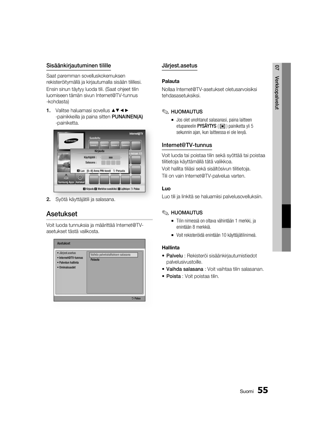 Samsung BD-C5900/XEE manual Asetukset, Sisäänkirjautuminen tilille, Järjest.asetus, Internet@TV-tunnus 