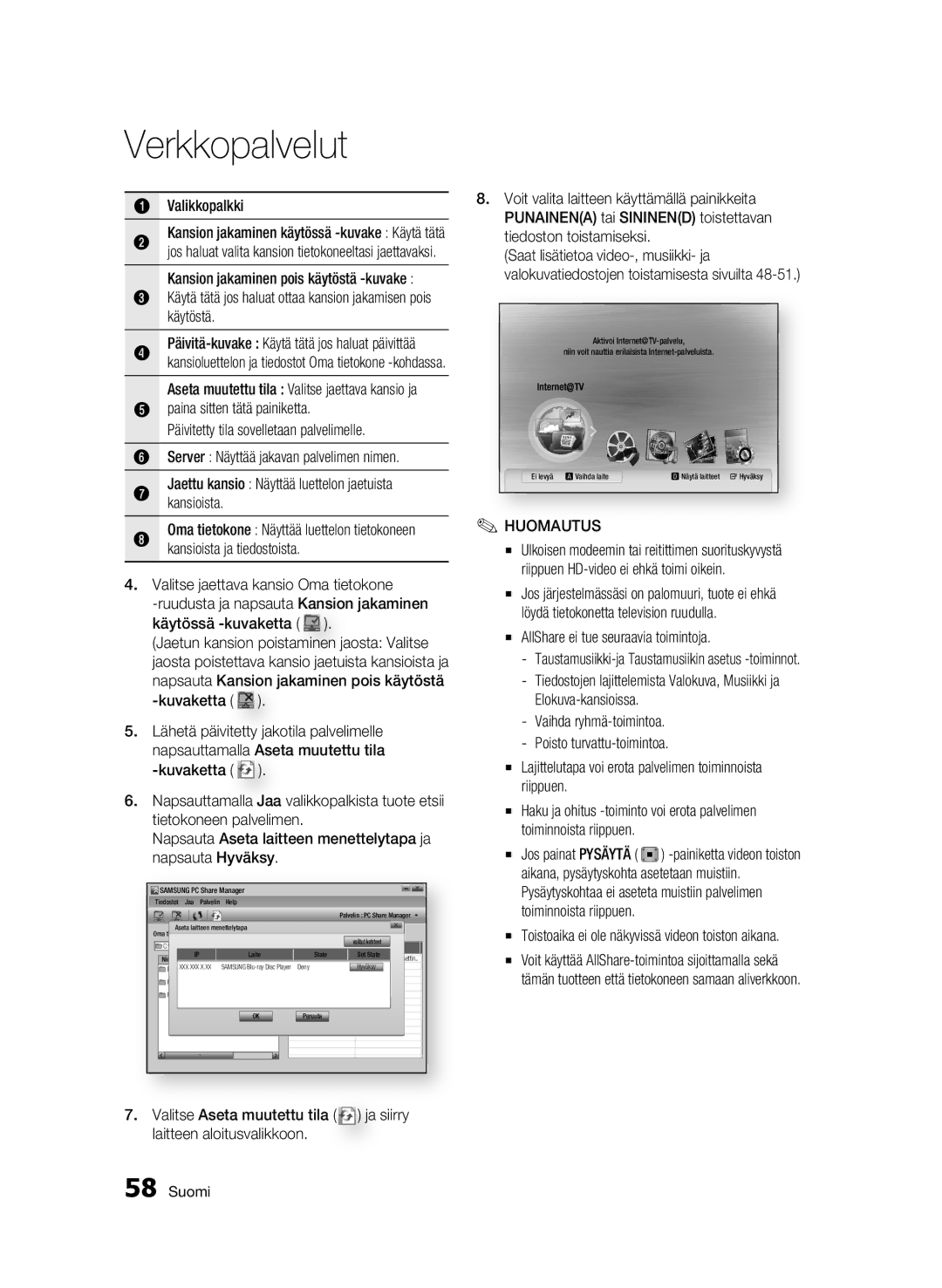 Samsung BD-C5900/XEE manual Valikkopalkki, Käytä tätä jos haluat ottaa kansion jakamisen pois käytöstä 