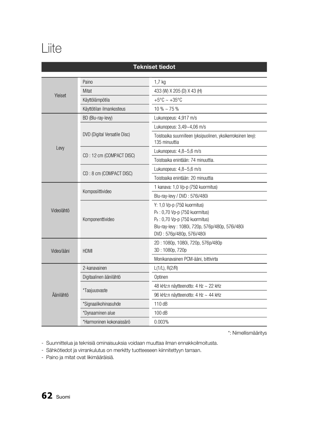 Samsung BD-C5900/XEE manual Tekniset tiedot 