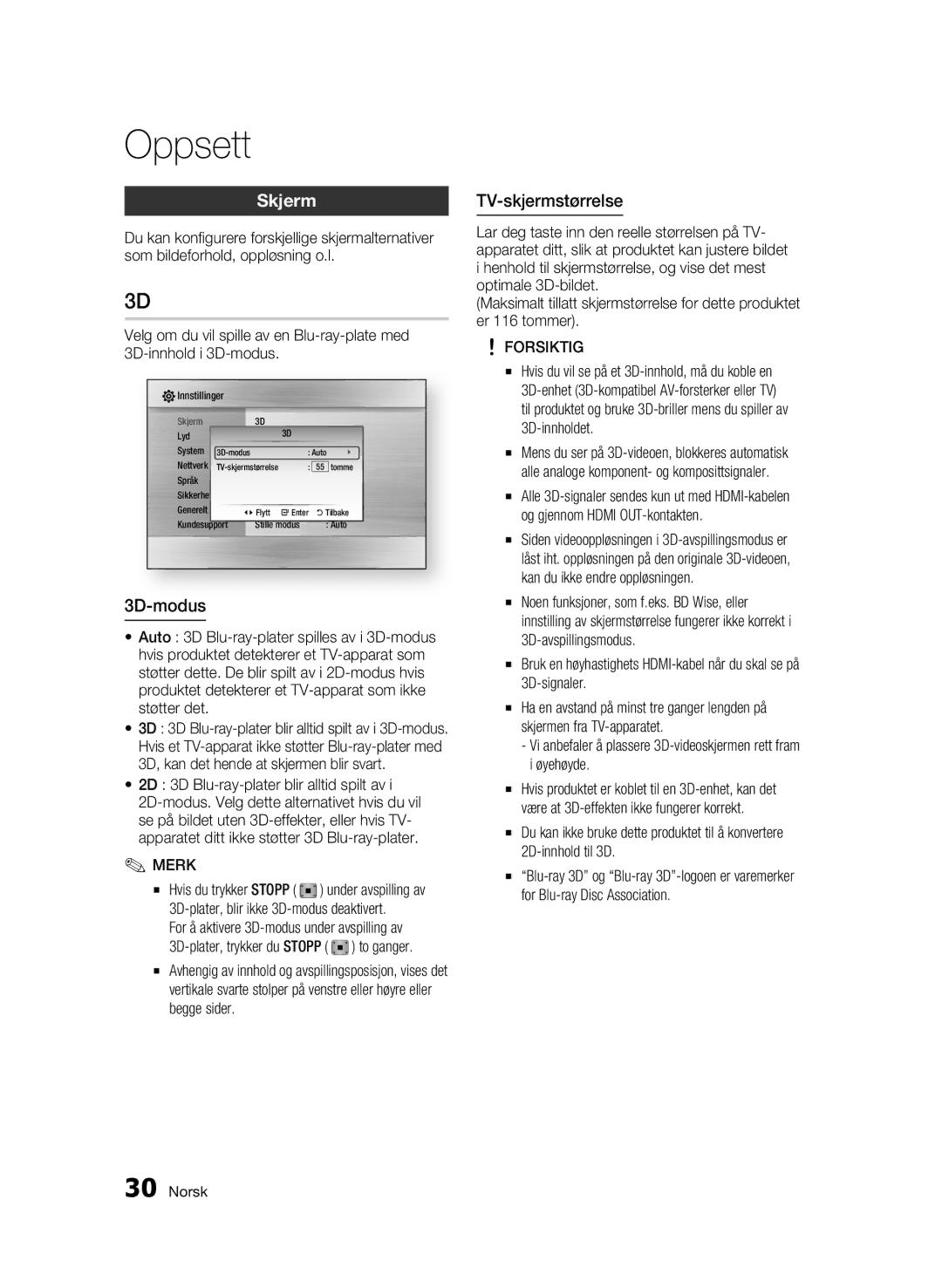 Samsung BD-C5900/XEE manual Skjerm, 3D-modus, TV-skjermstørrelse, 2D 3D Blu-ray-plater blir alltid spilt av 