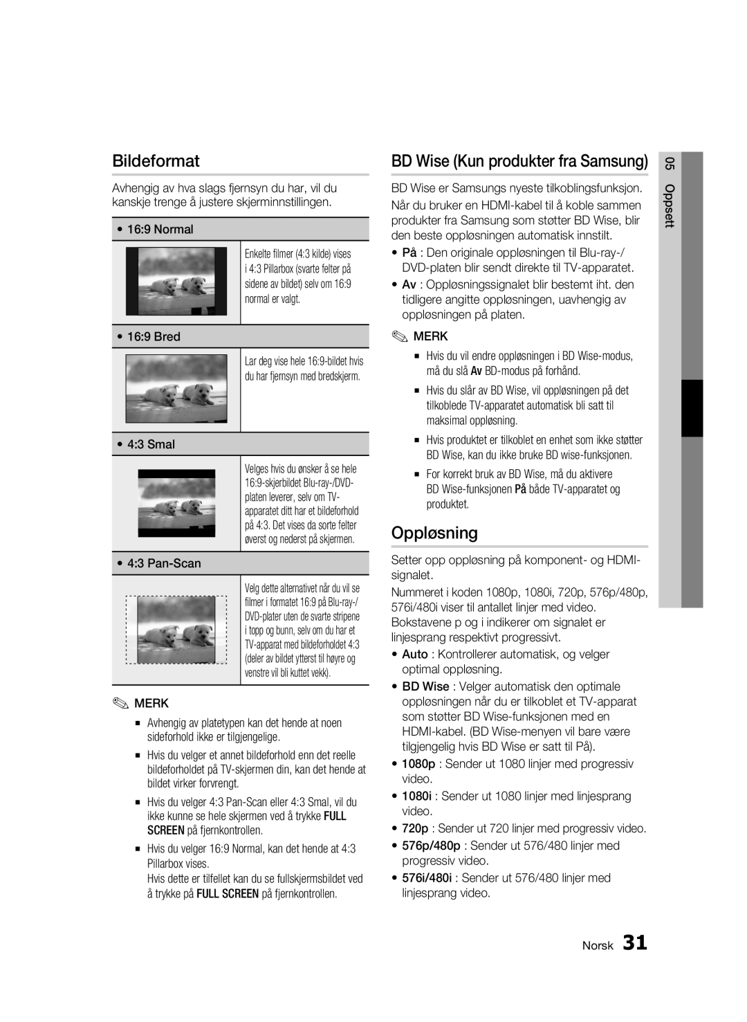 Samsung BD-C5900/XEE manual Bildeformat, Oppløsning, Smal, 720p Sender ut 720 linjer med progressiv video 