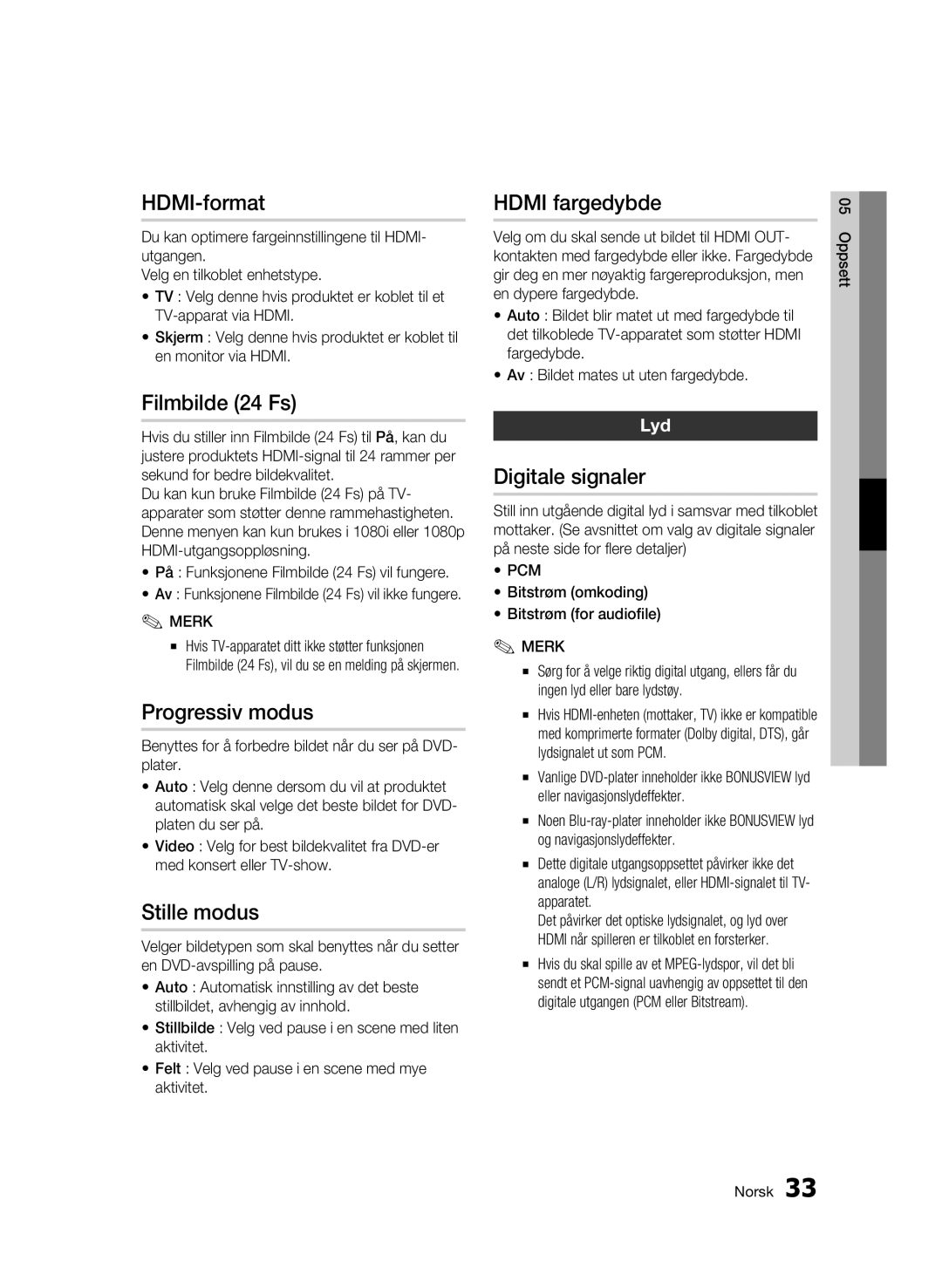 Samsung BD-C5900/XEE manual Filmbilde 24 Fs, Progressiv modus, Stille modus, Hdmi fargedybde, Digitale signaler 