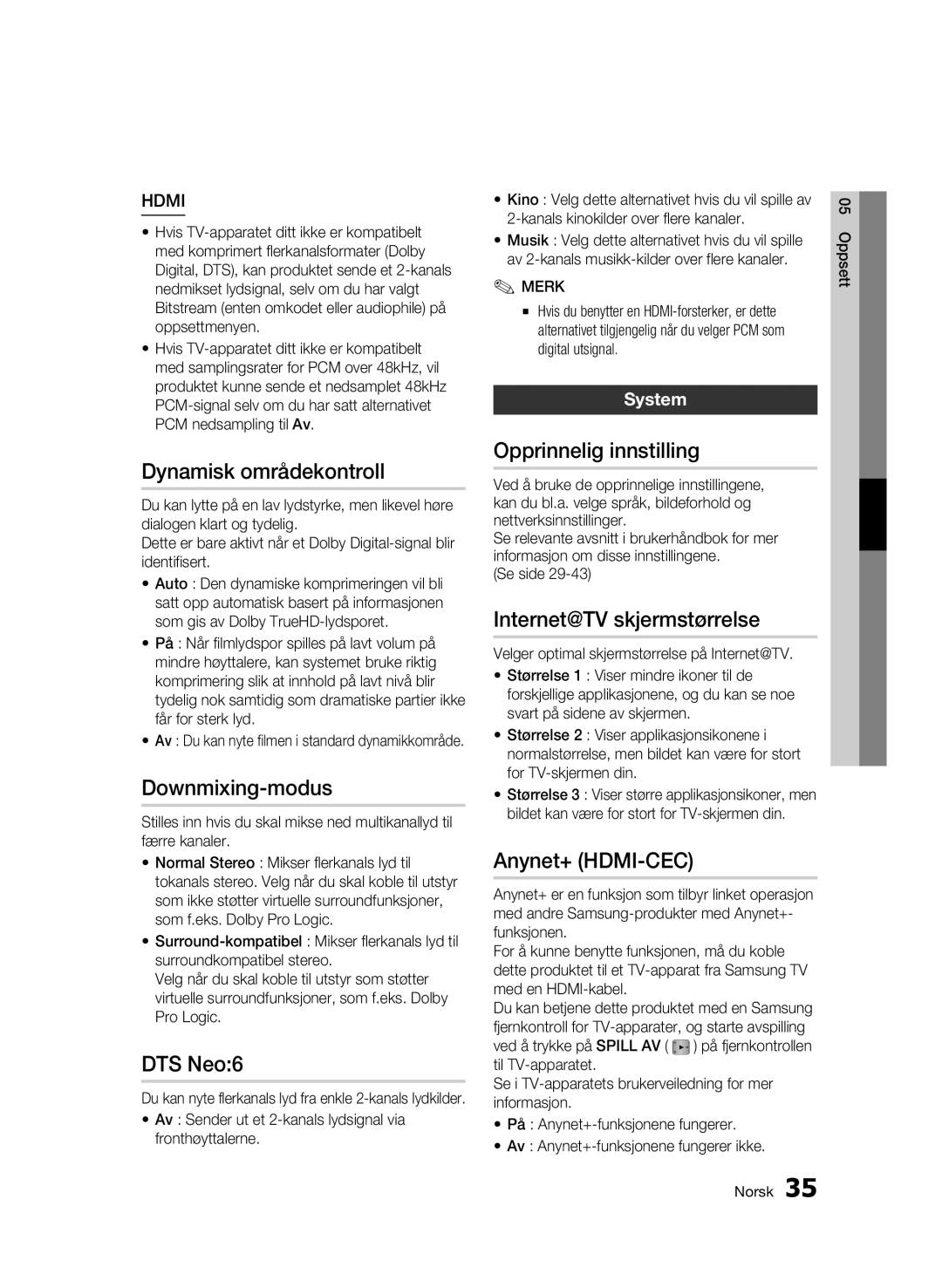 Samsung BD-C5900/XEE manual Dynamisk områdekontroll, Downmixing-modus, Opprinnelig innstilling, Internet@TV skjermstørrelse 